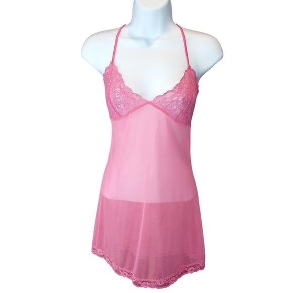 Victoria's Secret Other - Victoria's Secret Pink Lace Trim Sheer Babydoll Chemise Lingerie Size M